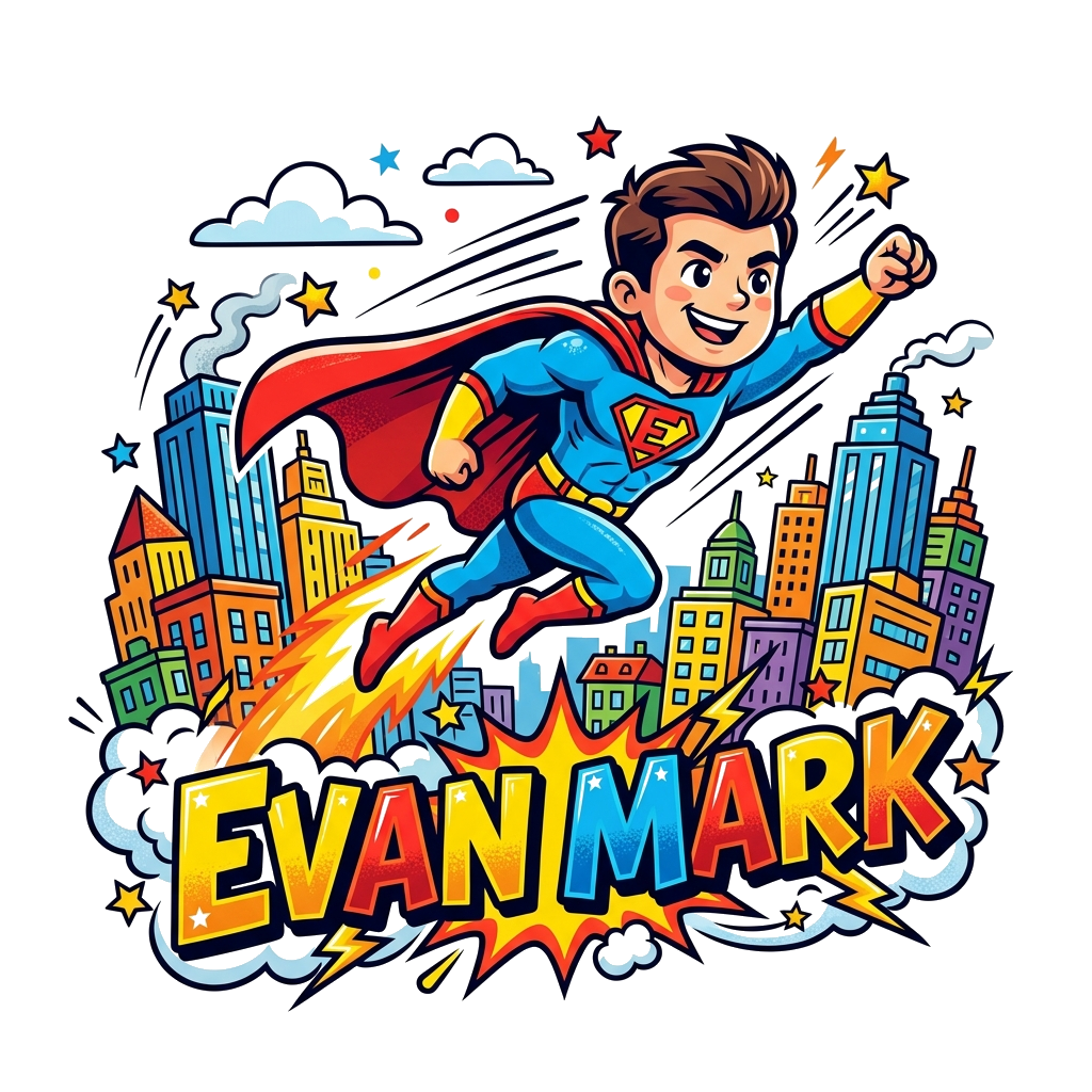 Custom design: A dynamic, bright and colorful cartoon illustration of a superhero flying through a cityscape, with a bold, stylized ...