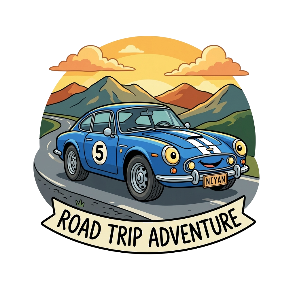 Custom design: A detailed illustration of a vintage blue sports car, parked on a scenic road with mountains in the background, with ...