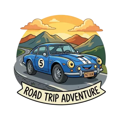 A detailed illustration of a vintage blue sports car, parked on a scenic road with mountains in the background, with 'Niyan' subtly integrated into a license plate or banner, realistic style, golden hour lighting.