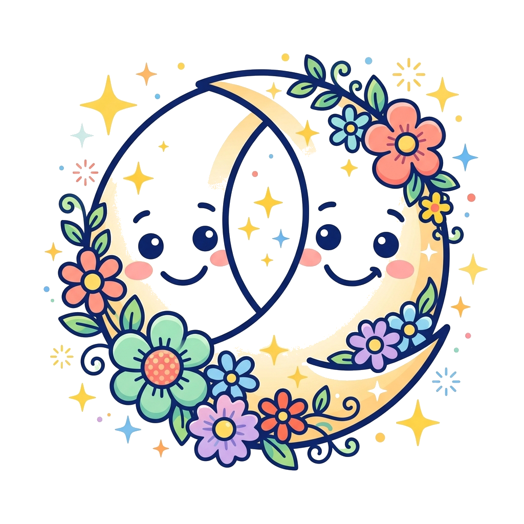 Custom design: A whimsical illustration of a crescent moon smiling, adorned with cute, colorful cartoon flowers and sparkling stars,...