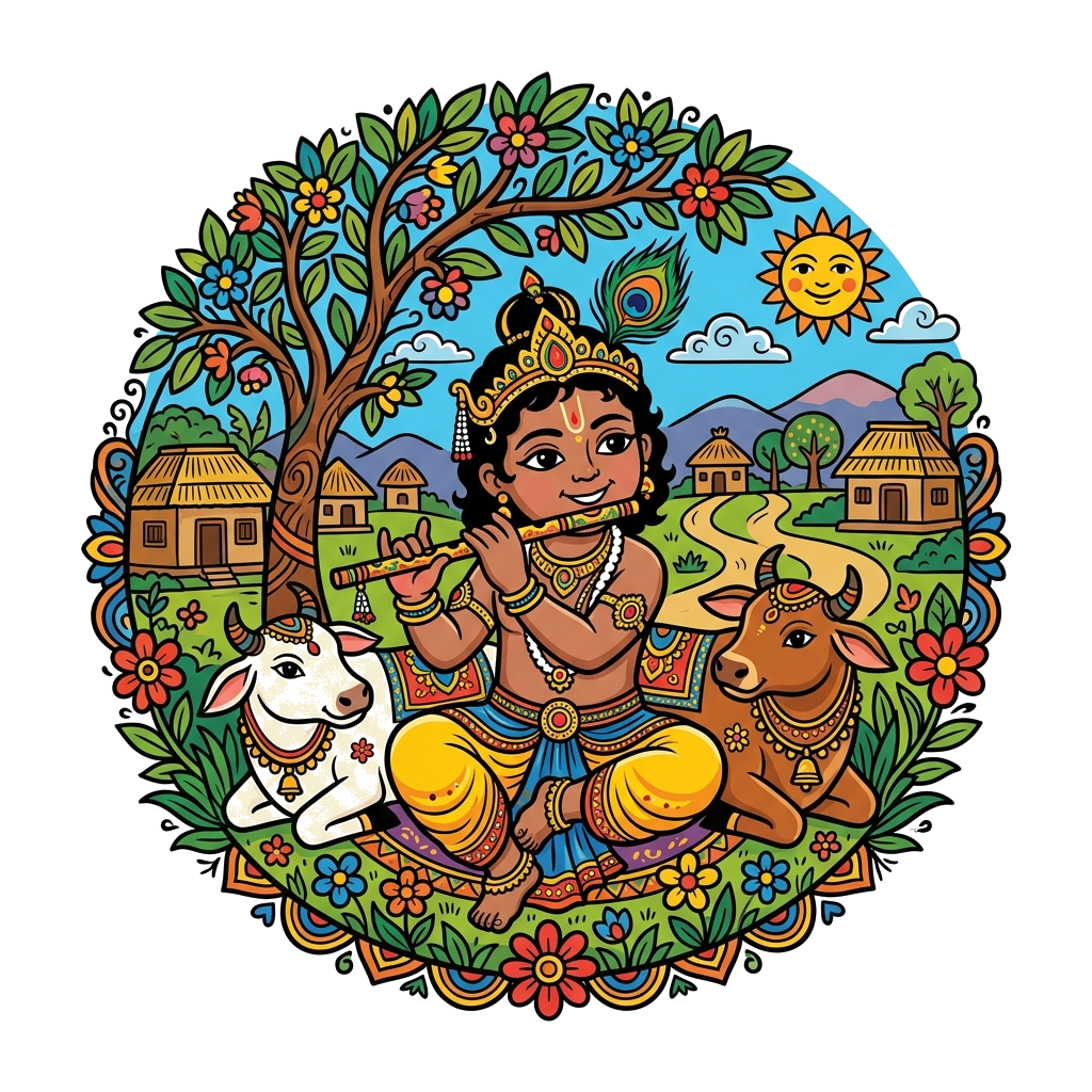 Custom design: A joyful scene of young Krishna playing his flute, with a mischievous smile, rendered in a bold and colorful folk art...