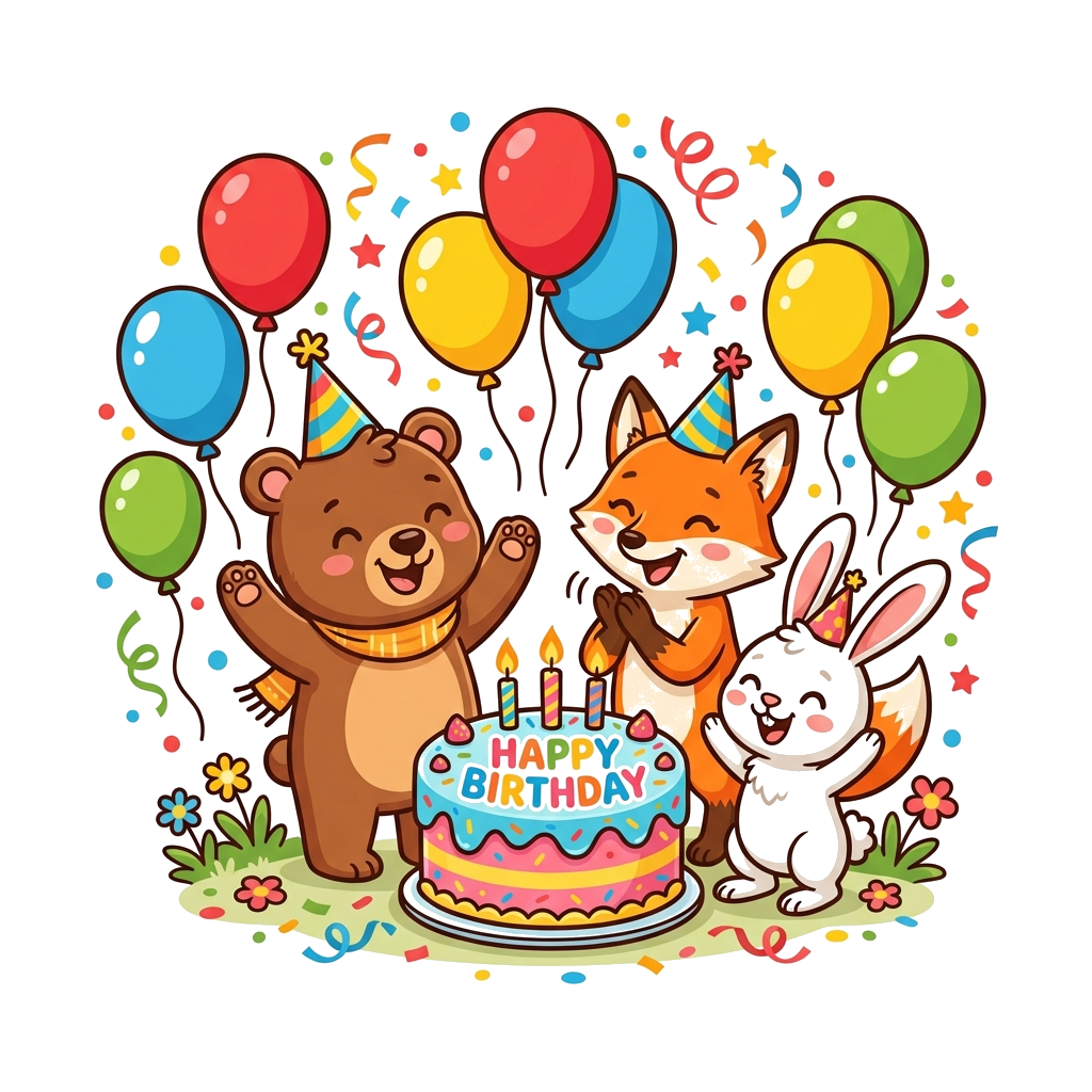 Custom design: A group of adorable cartoon forest animals, including a bear, a fox, and a rabbit, gathered around a festive birthday...