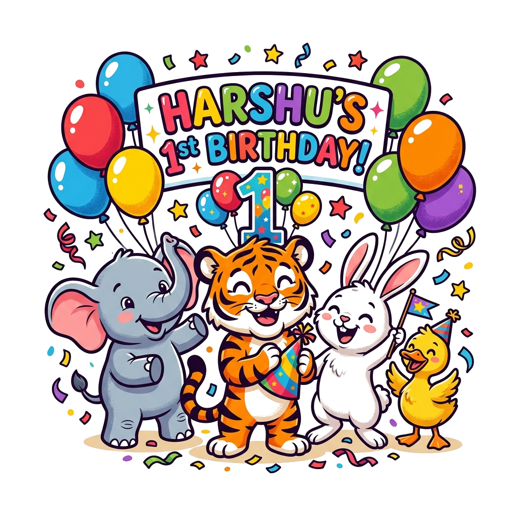 Custom design: A cheerful cartoon baby tiger, elephant, rabbit, and duckling celebrating Harshu's 1st birthday together, surrounded ...