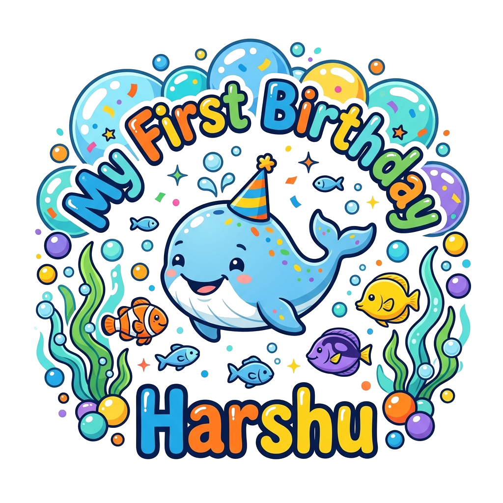 Custom design: A cheerful, cute cartoon baby whale wearing a tiny party hat, surrounded by colorful bubbles, friendly fish, and seaw...