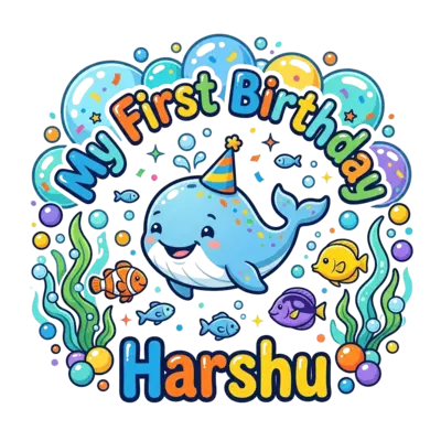 A cheerful, cute cartoon baby whale wearing a tiny party hat, surrounded by colorful bubbles, friendly fish, and seaweed, with the text 'My First Birthday, Harshu' playfully integrated into the ocean scene, vibrant cartoon style.
