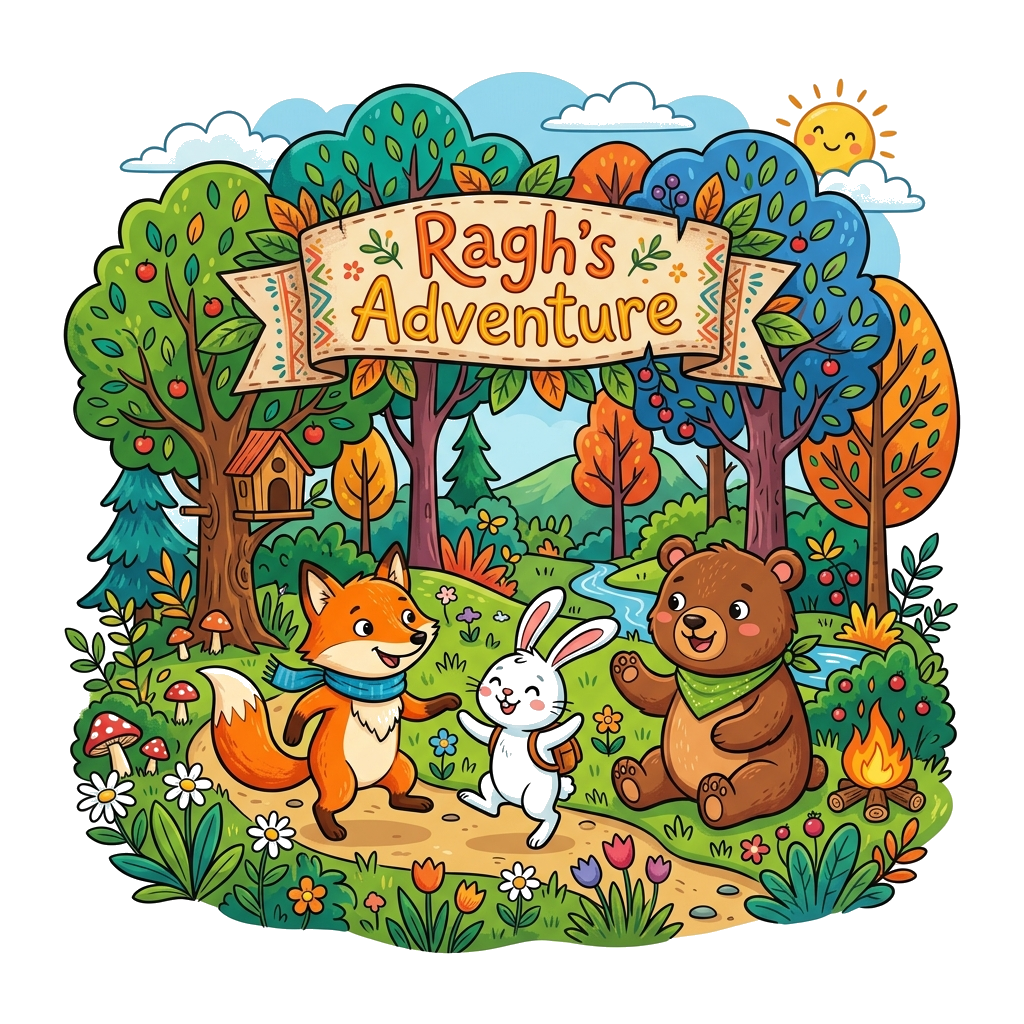 Custom design: A whimsical forest adventure scene with cute cartoon animals (like a fox, bear, and rabbit) playing among colorful tr...