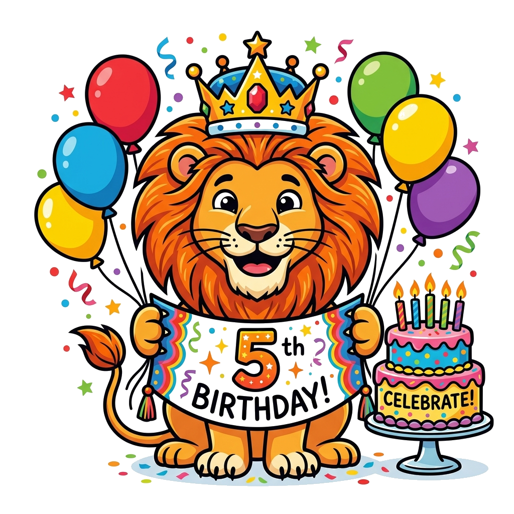 Custom design: A majestic yet friendly cartoon lion wearing a birthday crown, holding a banner with the number '5'. Surrounded by co...