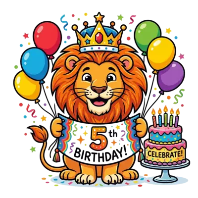 A majestic yet friendly cartoon lion wearing a birthday crown, holding a banner with the number '5'. Surrounded by colorful balloons, confetti, and a delicious birthday cake, in a vibrant, playful illustration style.