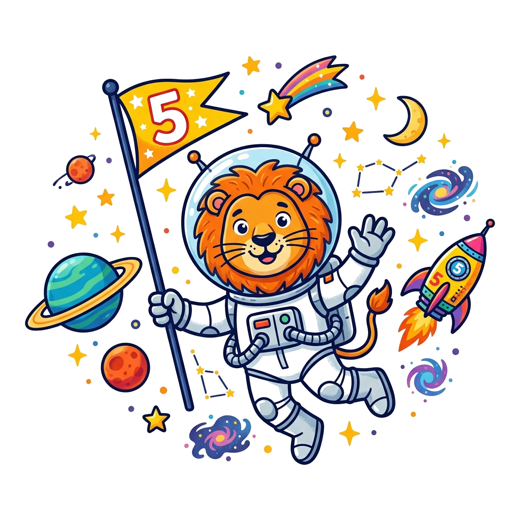 Custom design: A brave cartoon lion astronaut floating in a whimsical outer space scene, wearing a space helmet and holding a flag w...