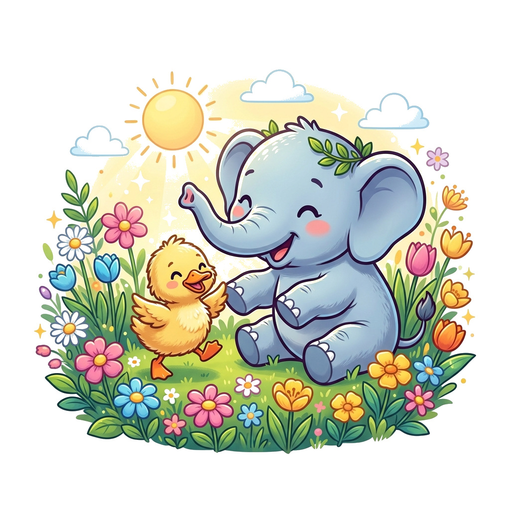 Custom design: A super cute cartoon baby elephant and a fluffy duckling playing together happily in a field of colorful flowers, wit...