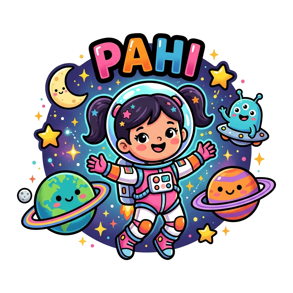 Custom design: A cute cartoon astronaut girl named Pahi floating happily in space, surrounded by sparkling stars, friendly planets w...