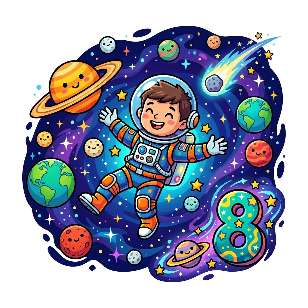 Custom design: A vibrant cartoon illustration of a happy astronaut Neev floating in a colorful galaxy, surrounded by bright planets,...