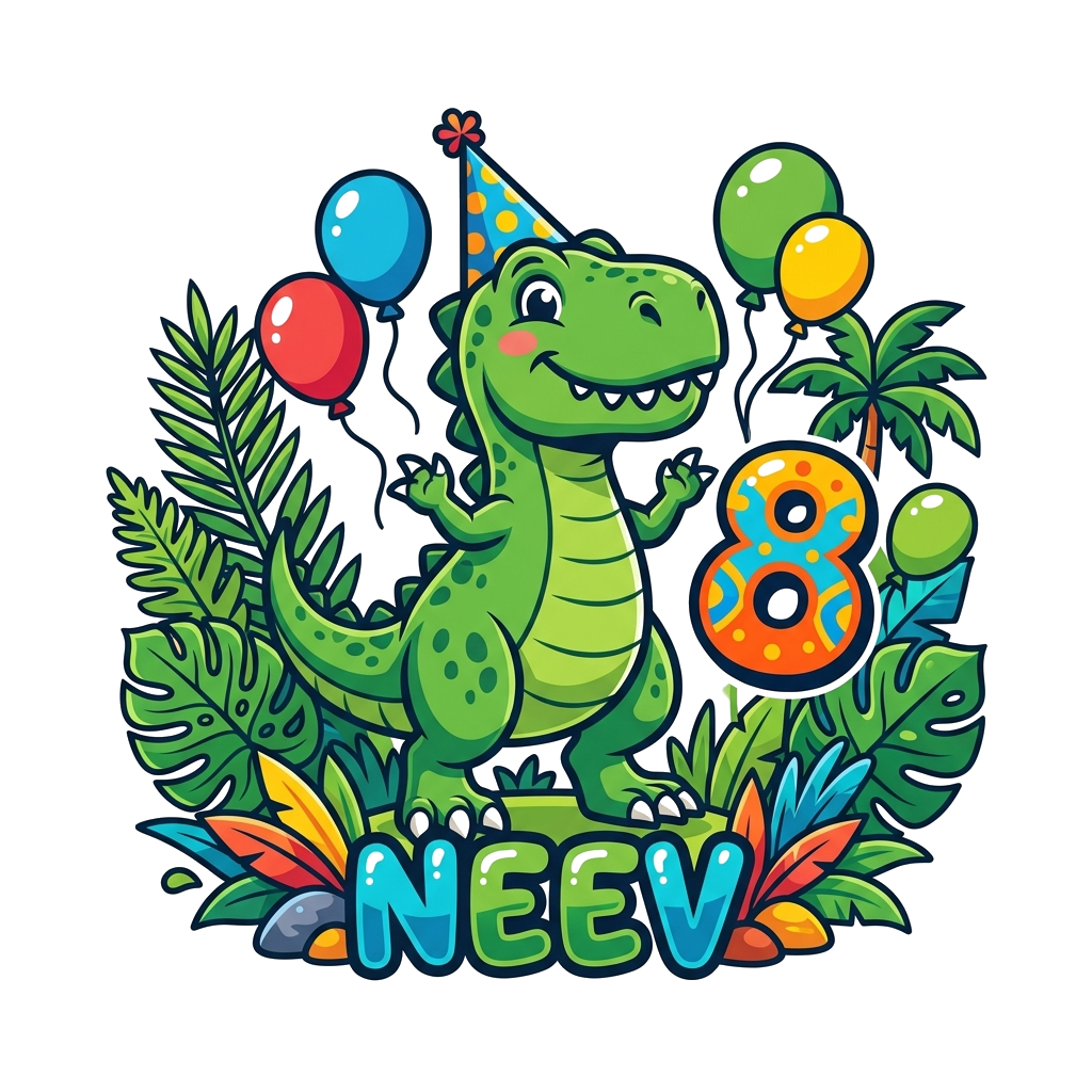 Custom design: A cheerful cartoon T-Rex wearing a party hat, surrounded by vibrant jungle leaves, balloons, and the number '8', with...