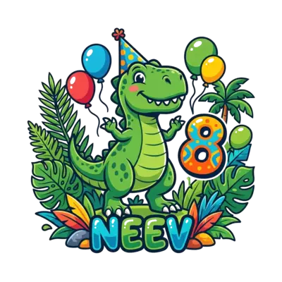 A cheerful cartoon T-Rex wearing a party hat, surrounded by vibrant jungle leaves, balloons, and the number '8', with 'Neev' subtly incorporated into the scene, in a bright and playful style.