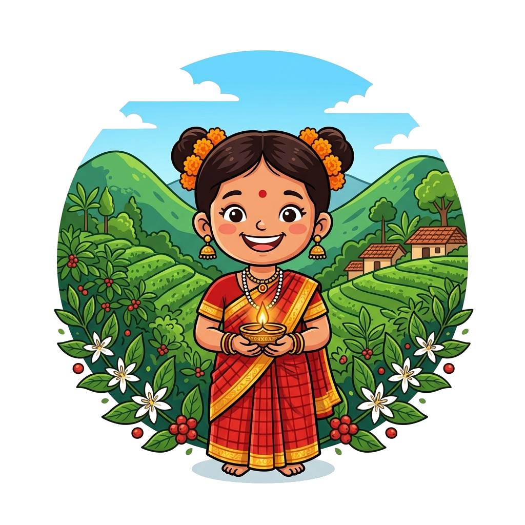 Custom design: A cute cartoon Kodava girl, aged around 5, wearing a simplified red checkered sari with gold borders and traditional ...