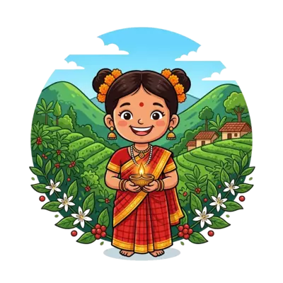 A cute cartoon Kodava girl, aged around 5, wearing a simplified red checkered sari with gold borders and traditional earrings, smiling brightly while holding a small, stylized traditional lamp (Thookbolcha). She is surrounded by delicate coffee blossoms and lush green Coorg hills in the background. The style is vibrant, cheerful, and inspired by Indian folk art, perfect for a child.