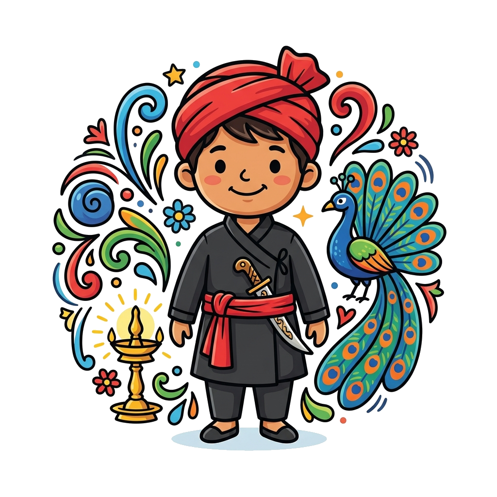 Custom design: A cute cartoon illustration of a young boy/girl wearing traditional Kodava attire (Kupya/Vastra and Peechekathi/Ottik...