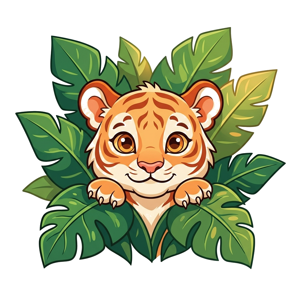 Custom design: A beautifully rendered, realistic illustration of a tiger cub peeking out from behind large, vibrant green jungle lea...