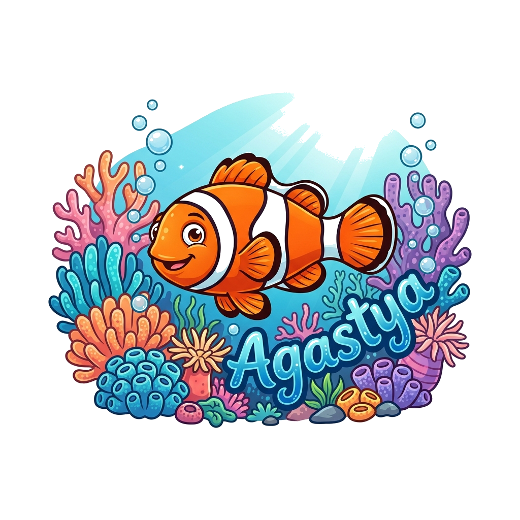 Custom design: A vibrant, detailed illustration of a friendly clownfish swimming among soft coral, with a playful glint in its eye, ...