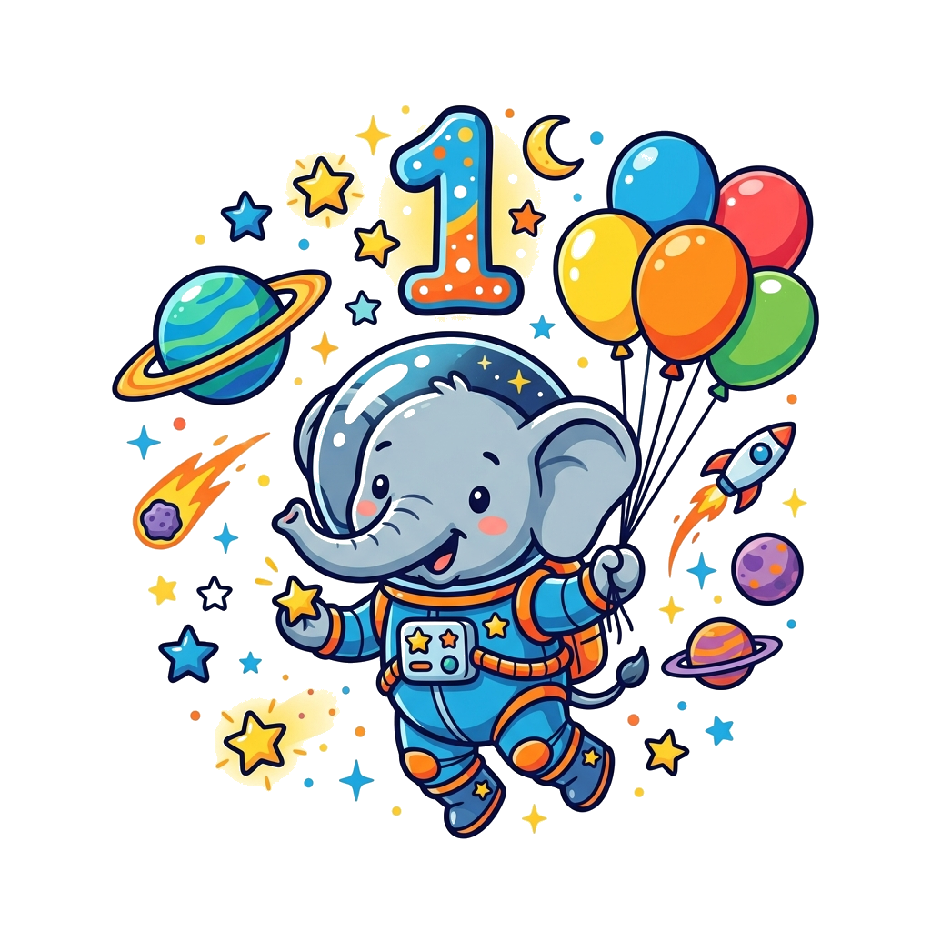 Custom design: A cute baby elephant astronaut floating in a whimsical space scene with stars, planets, and a '1' in a playful font, ...