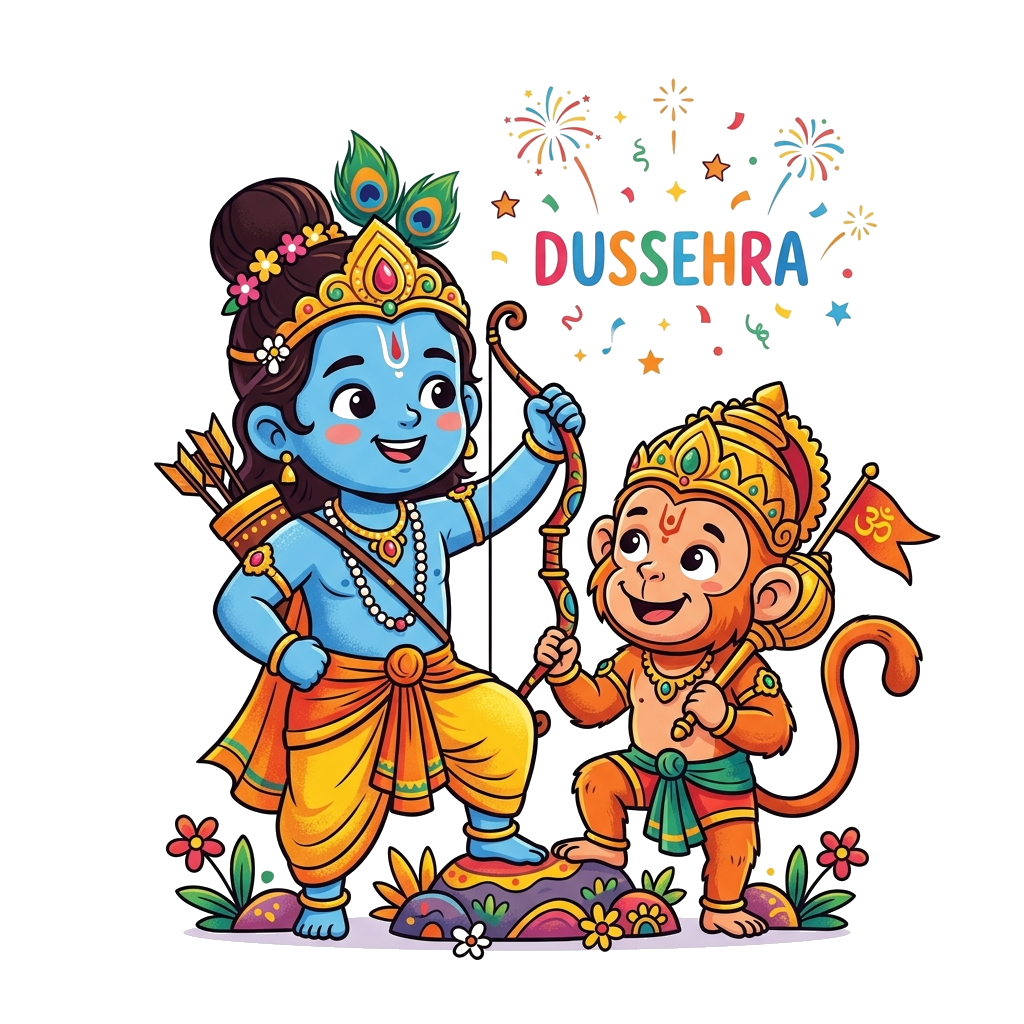 Custom design: A cheerful, modern cartoon illustration of Lord Rama, depicted as a young boy, holding a stylized bow and arrow, stan...
