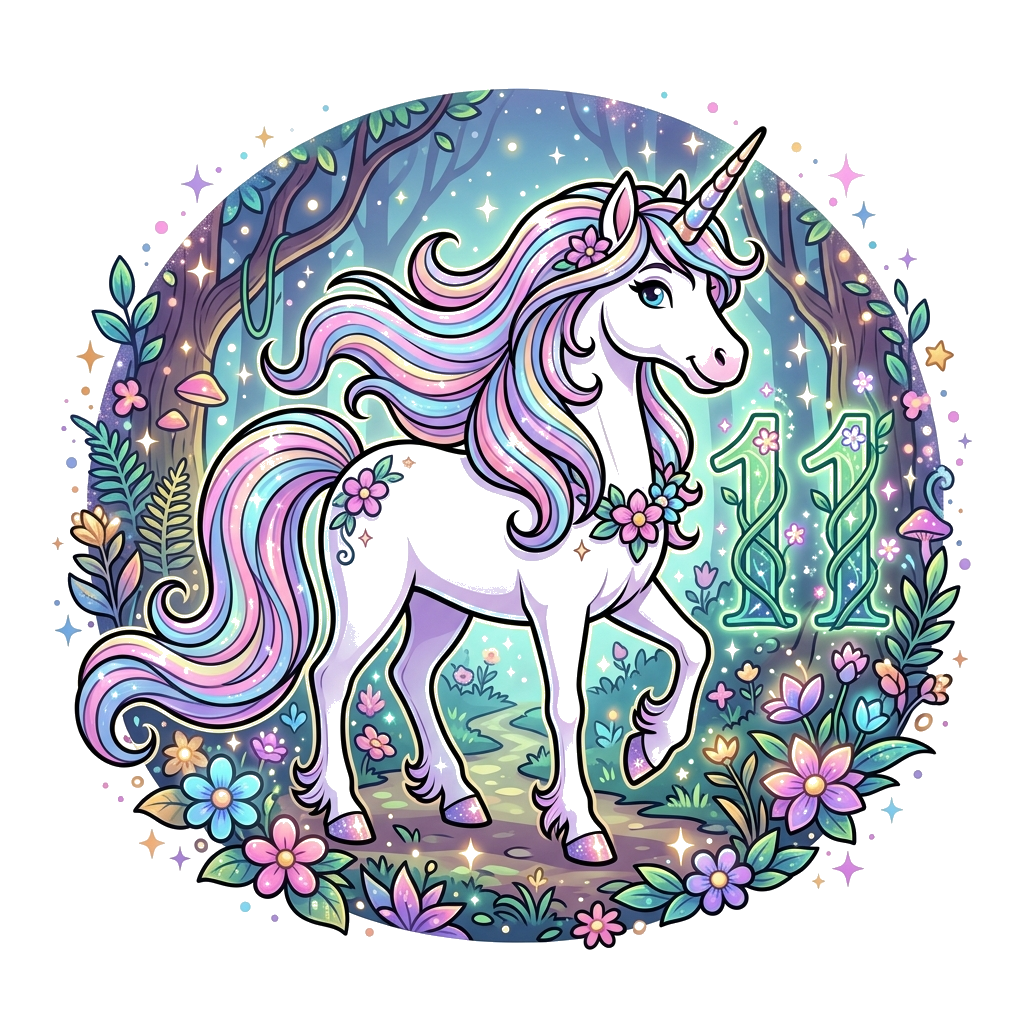 Custom design: A majestic unicorn with a shimmering pastel mane and tail, standing gracefully in an enchanted forest filled with glo...