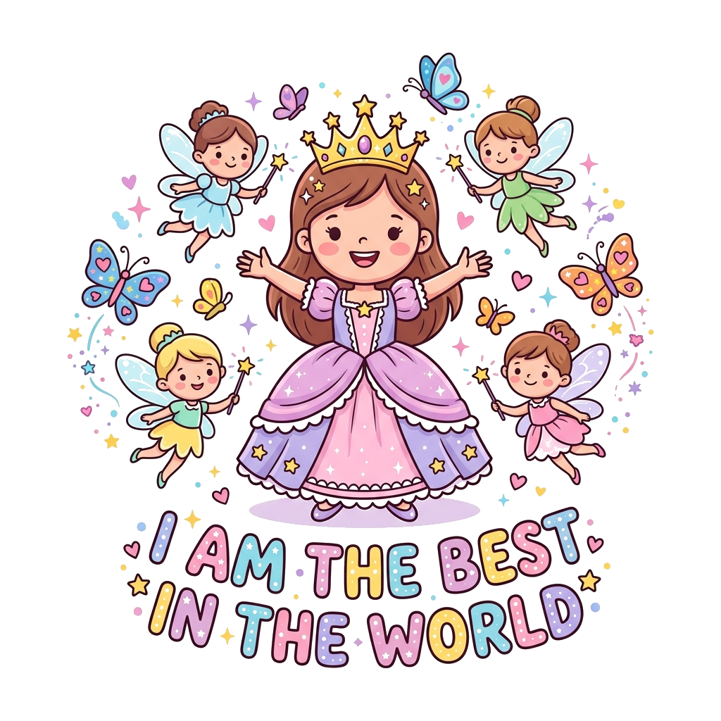 Custom design: A cute cartoon princess with a sparkling crown, standing confidently with her arms wide open, surrounded by friendly ...
