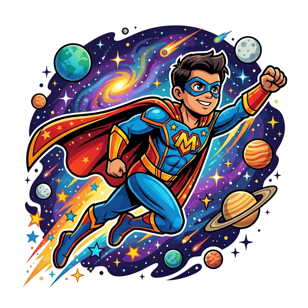 Custom design: A powerful cartoon superhero named MAYANK flying through a vibrant galaxy, with a dynamic pose, planets and stars in ...