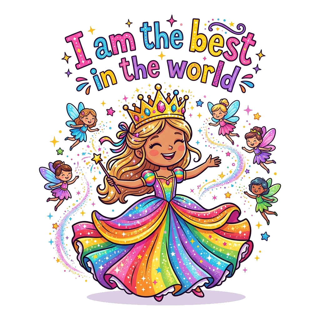 Custom design: A vibrant cartoon illustration of a joyful princess with a glittering crown and a flowing, rainbow-colored gown, surr...