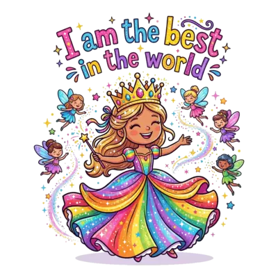 A vibrant cartoon illustration of a joyful princess with a glittering crown and a flowing, rainbow-colored gown, surrounded by sparkling fairy dust and tiny, cheerful fairies, with the text 'I am the best in the world' in a whimsical, colorful font.