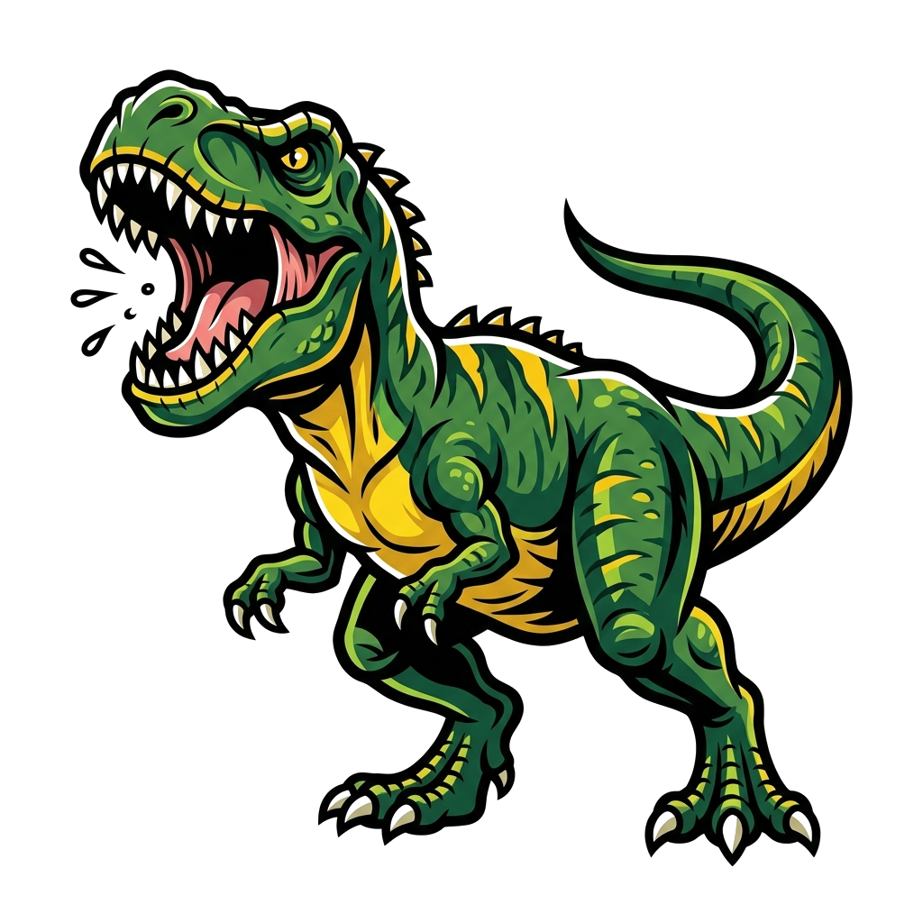 Custom design: A powerful, roaring Tyrannosaurus Rex illustration in a bold, graphic style, featuring strong lines and a primary col...
