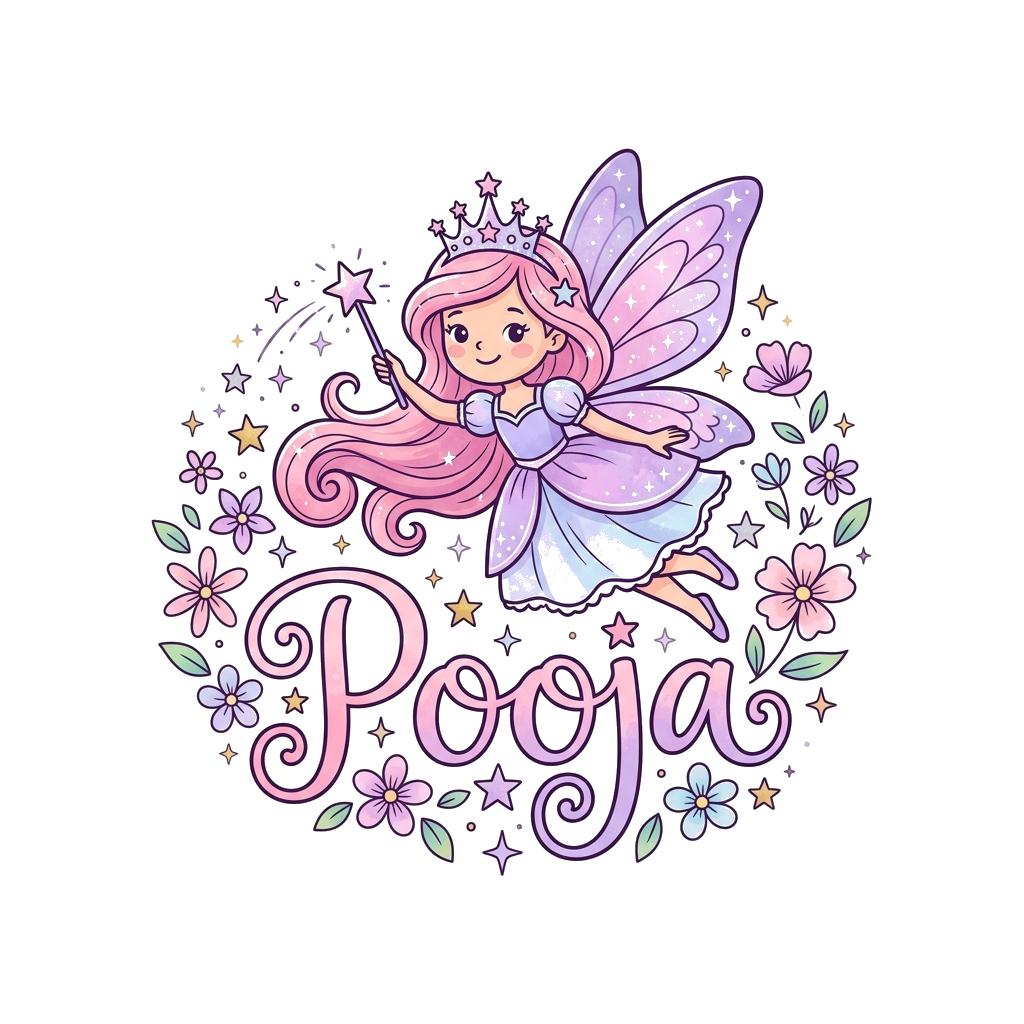 Custom design: A whimsical watercolor illustration of a graceful fairy princess with flowing pink hair, surrounded by shimmering sta...