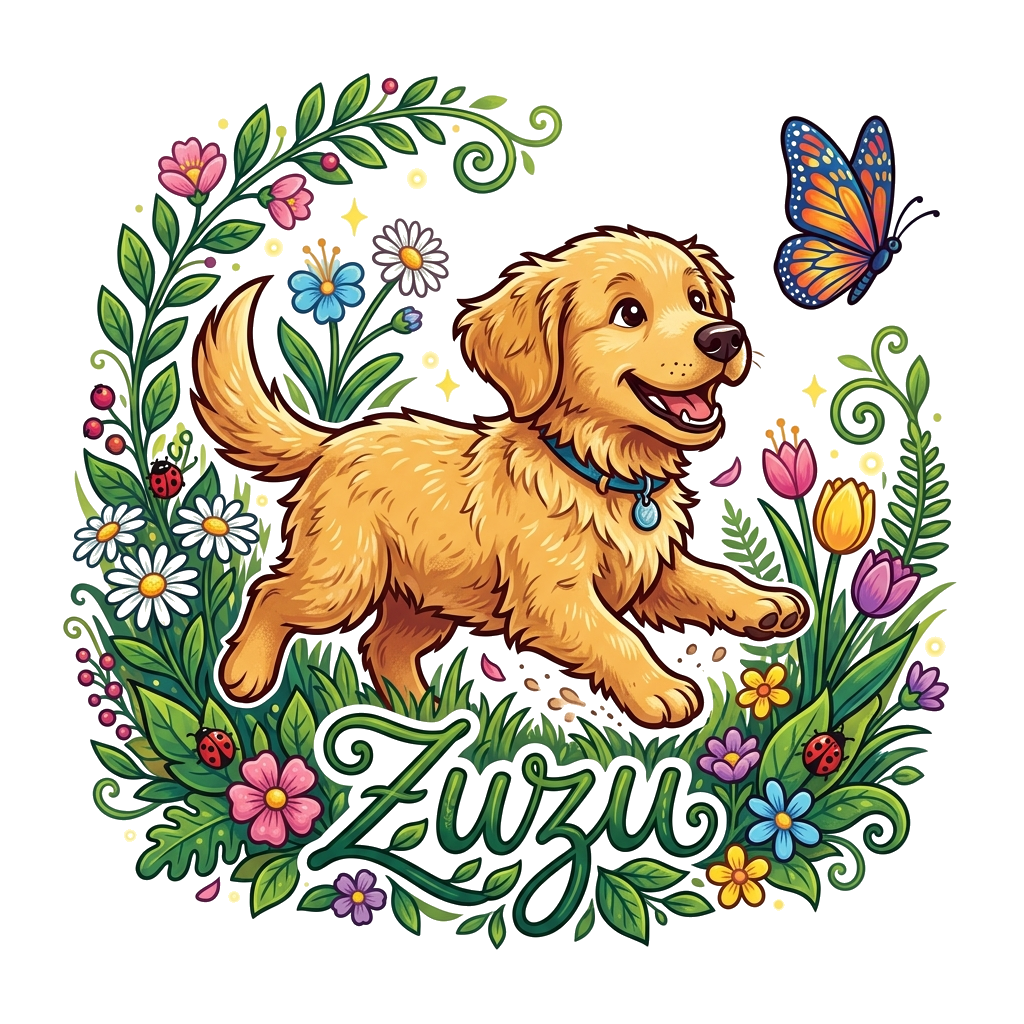 Custom design: A highly detailed and realistic illustration of a golden retriever puppy happily chasing a colorful butterfly in a su...