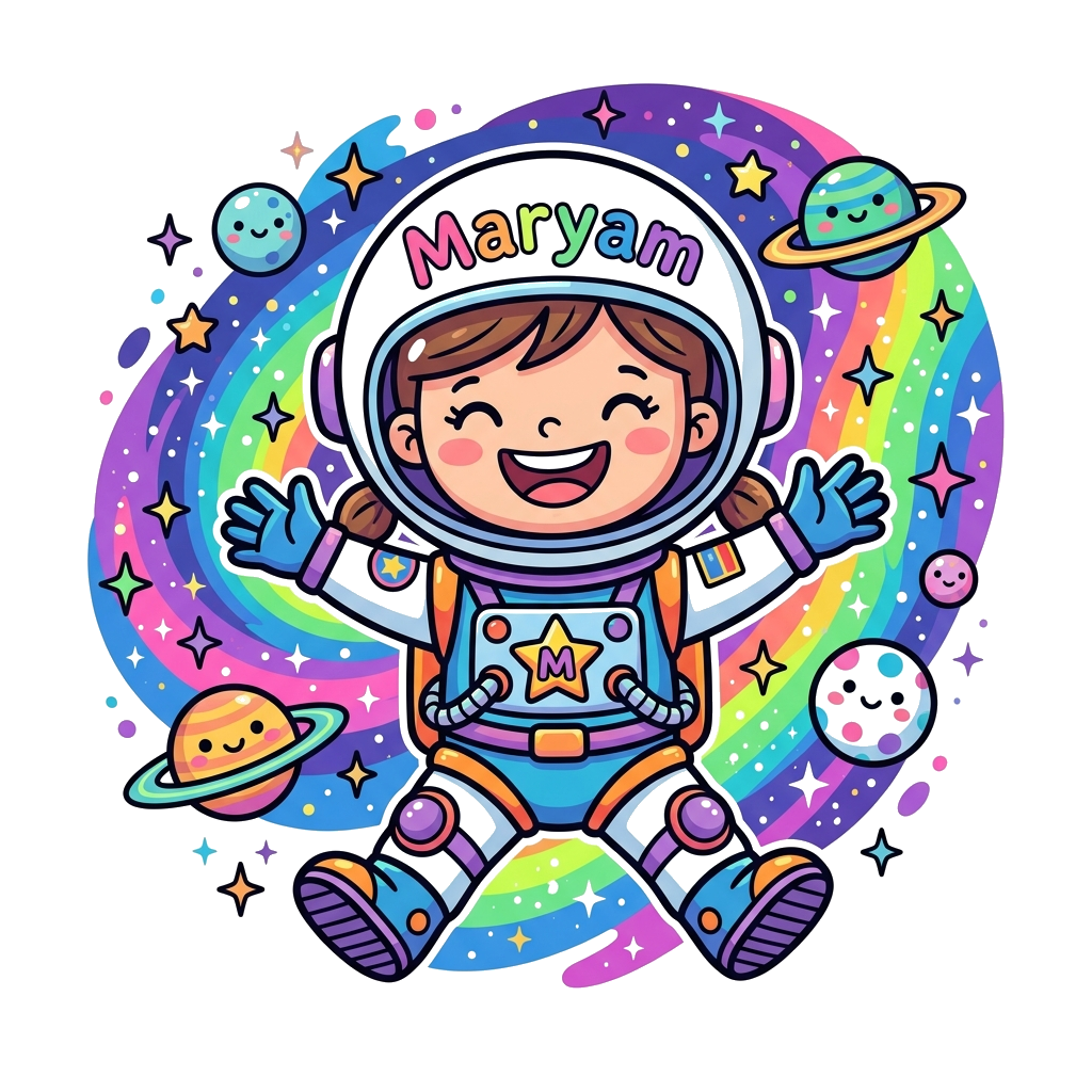 Custom design: A cute cartoon girl astronaut with 'Maryam' on her helmet, joyfully floating in a vibrant outer space scene filled wi...