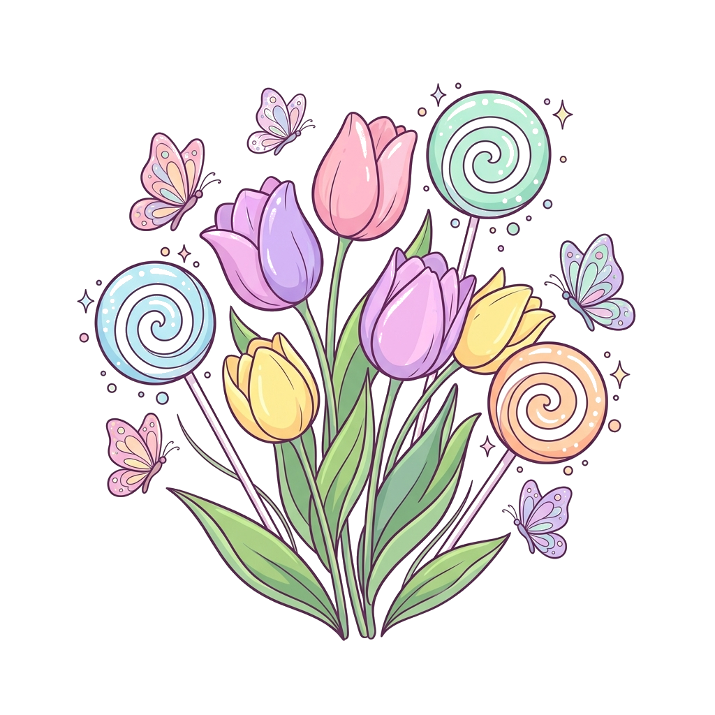 Custom design: A dreamy illustration for a 10-year-old girl, featuring elegant soft pastel tulips blooming alongside whimsical, past...