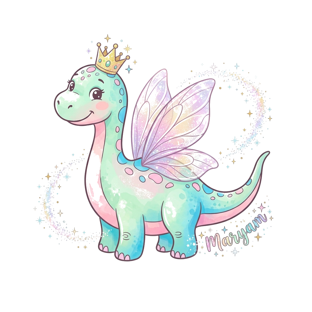 Custom design: A whimsical hand-drawn illustration featuring a friendly, pastel-colored dinosaur wearing a tiny crown, surrounded by...