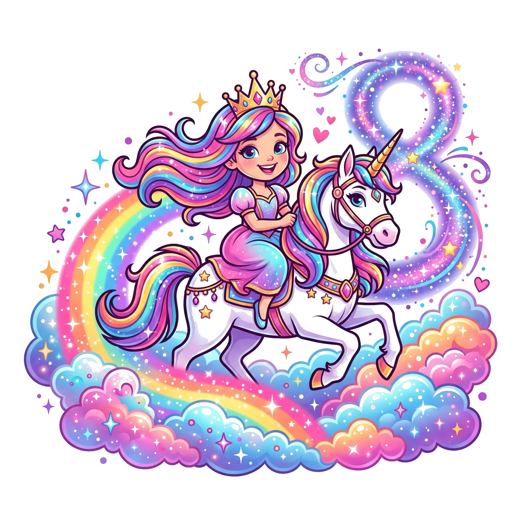 Custom design: A vibrant and joyful cartoon illustration of a princess with flowing, colorful hair, riding a majestic unicorn throug...