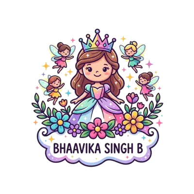 A cute cartoon princess with a sparkling crown, surrounded by whimsical fairies and flowers, in a vibrant and playful style. The name 'Bhaavika Singh B' is subtly integrated into a magical banner or cloud.