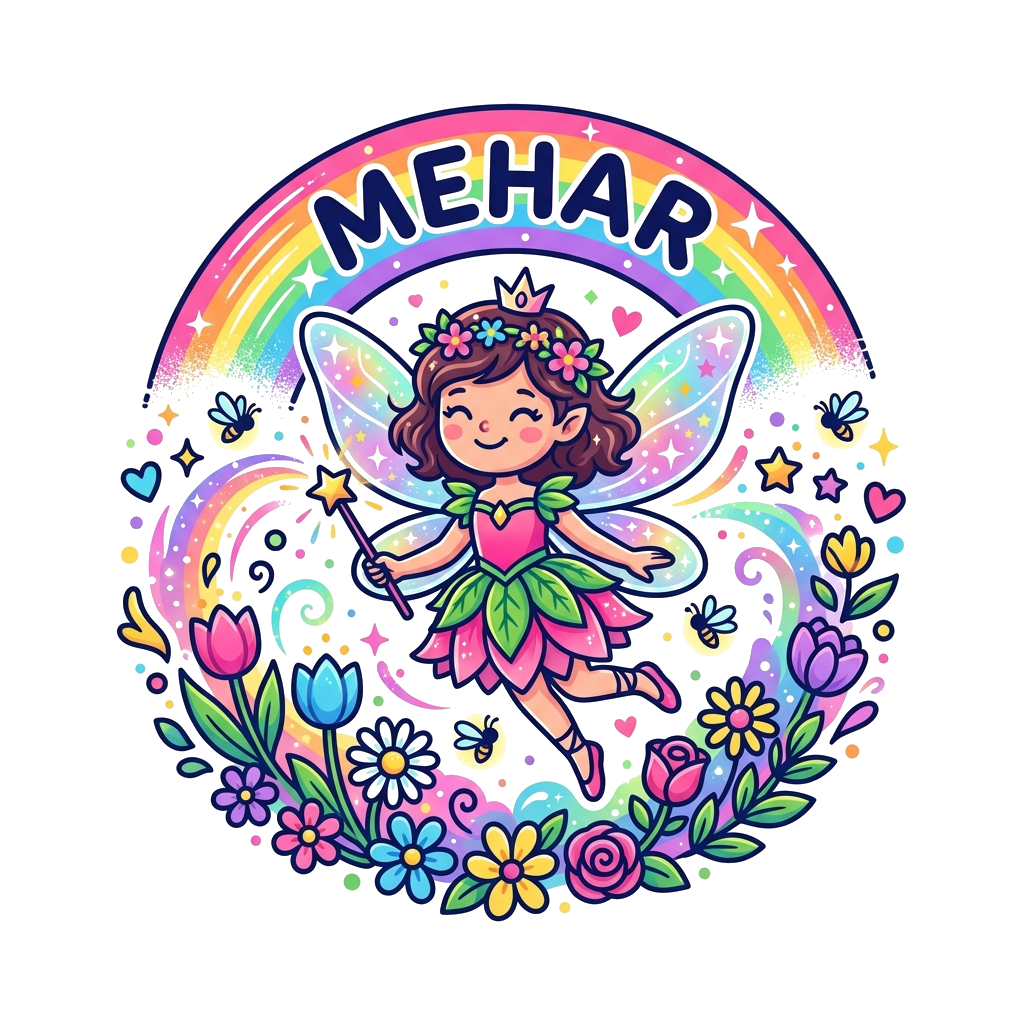 Custom design: A whimsical, vibrant cartoon illustration of a joyful fairy with sparkling wings, surrounded by colorful flowers, glo...