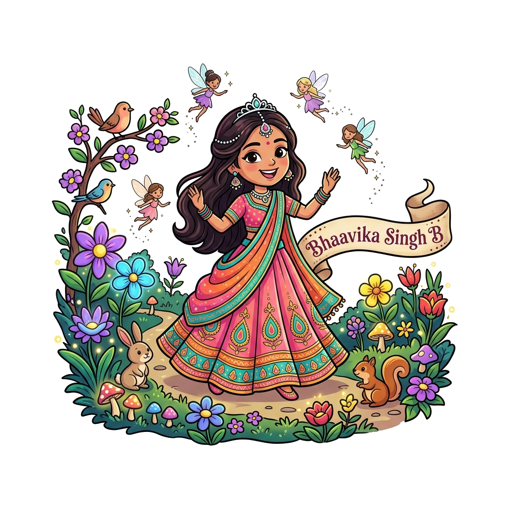 Custom design: A joyful Indian princess with a bright smile and flowing hair, wearing a beautiful lehenga, standing in a magical gar...