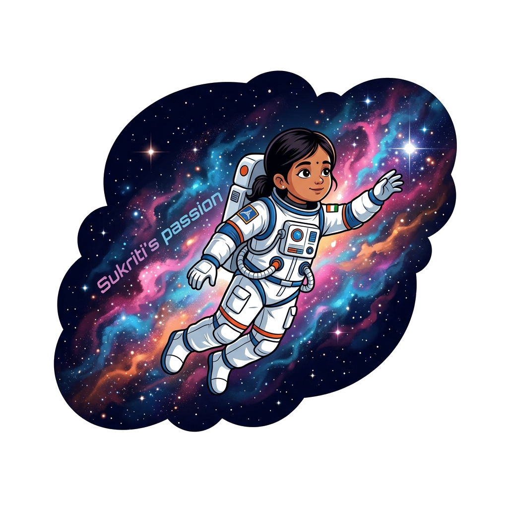 Custom design: A highly detailed illustration of a young Indian girl astronaut, wearing a realistic suit, floating gracefully in dee...