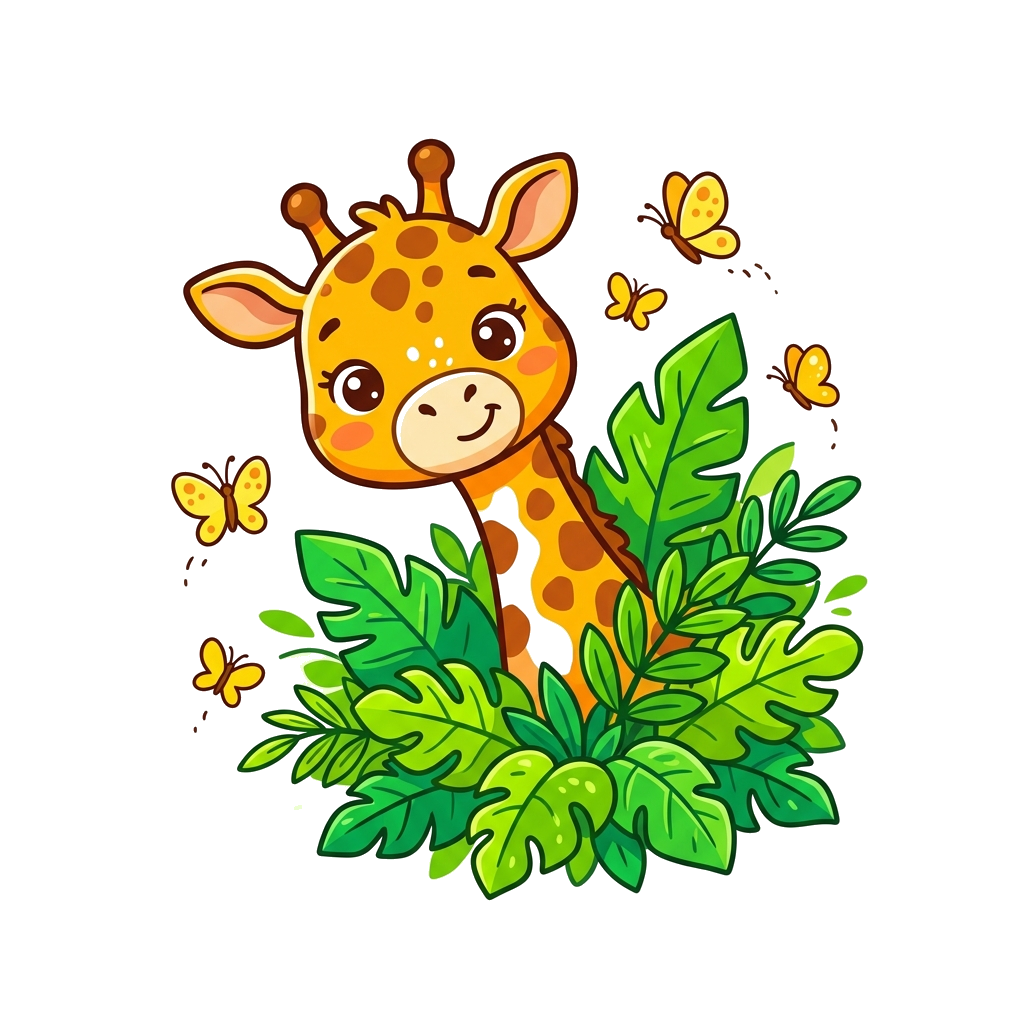 Custom design: A super cute cartoon baby giraffe with big friendly eyes, playfully peeking from behind a cluster of vibrant green le...