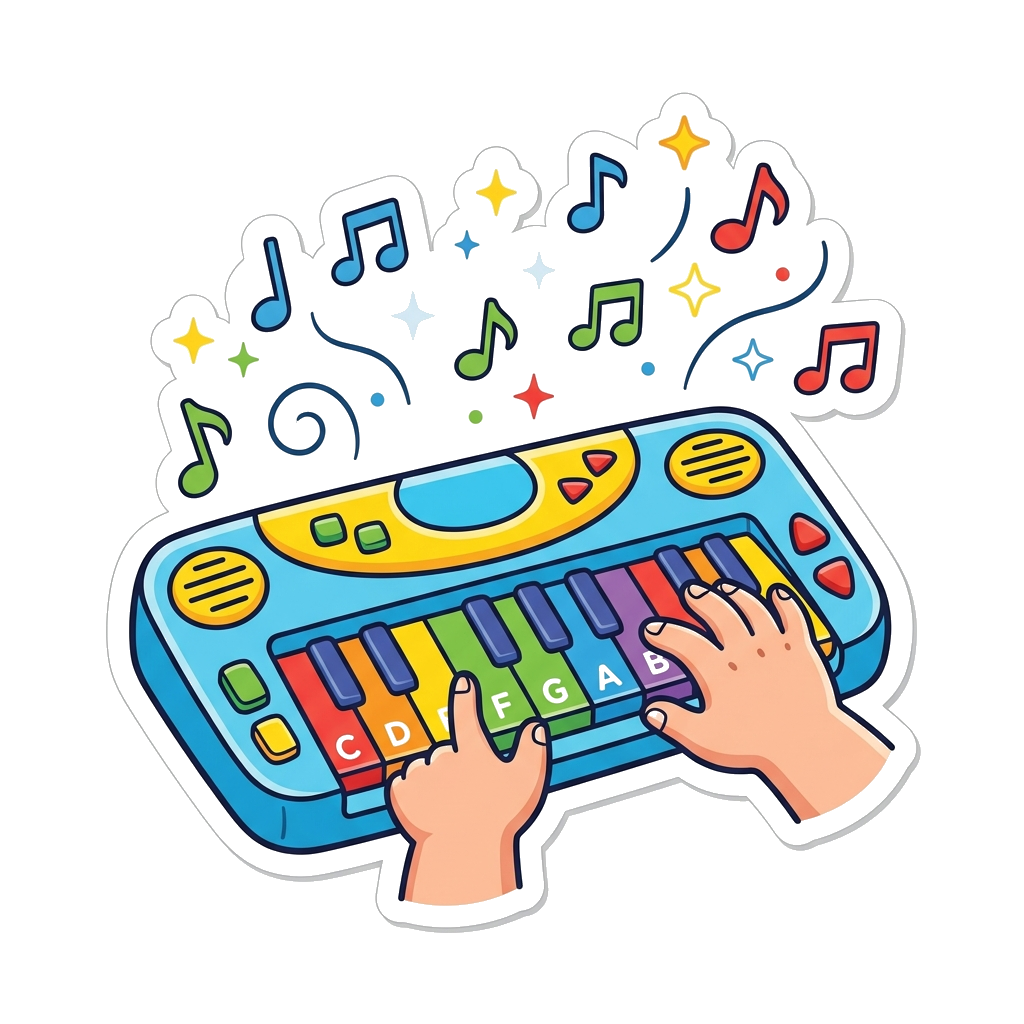 Custom design: A vibrant, realistic illustration of a child's hands playfully pressing keys on a colorful musical keyboard, with mus...