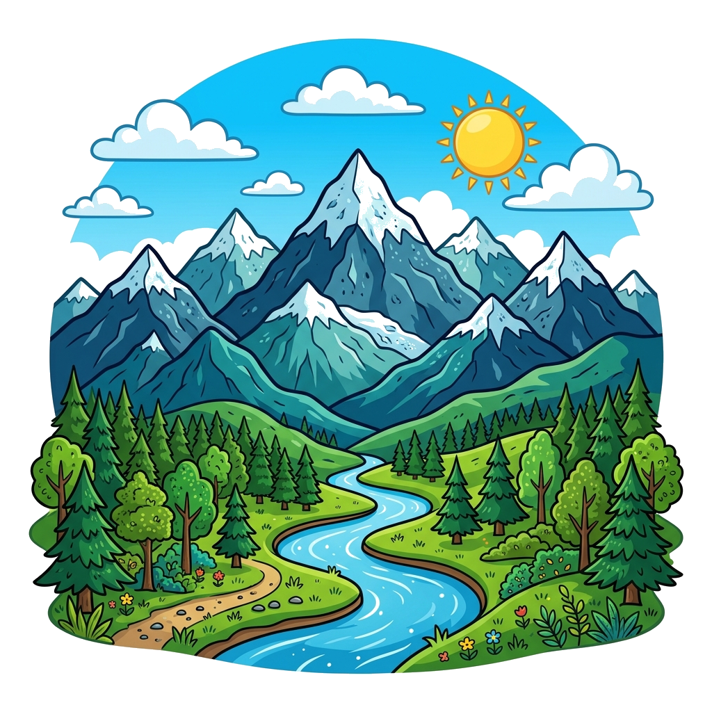 Custom design: A detailed and realistic illustration of a majestic mountain range with a clear blue sky, featuring a winding river a...