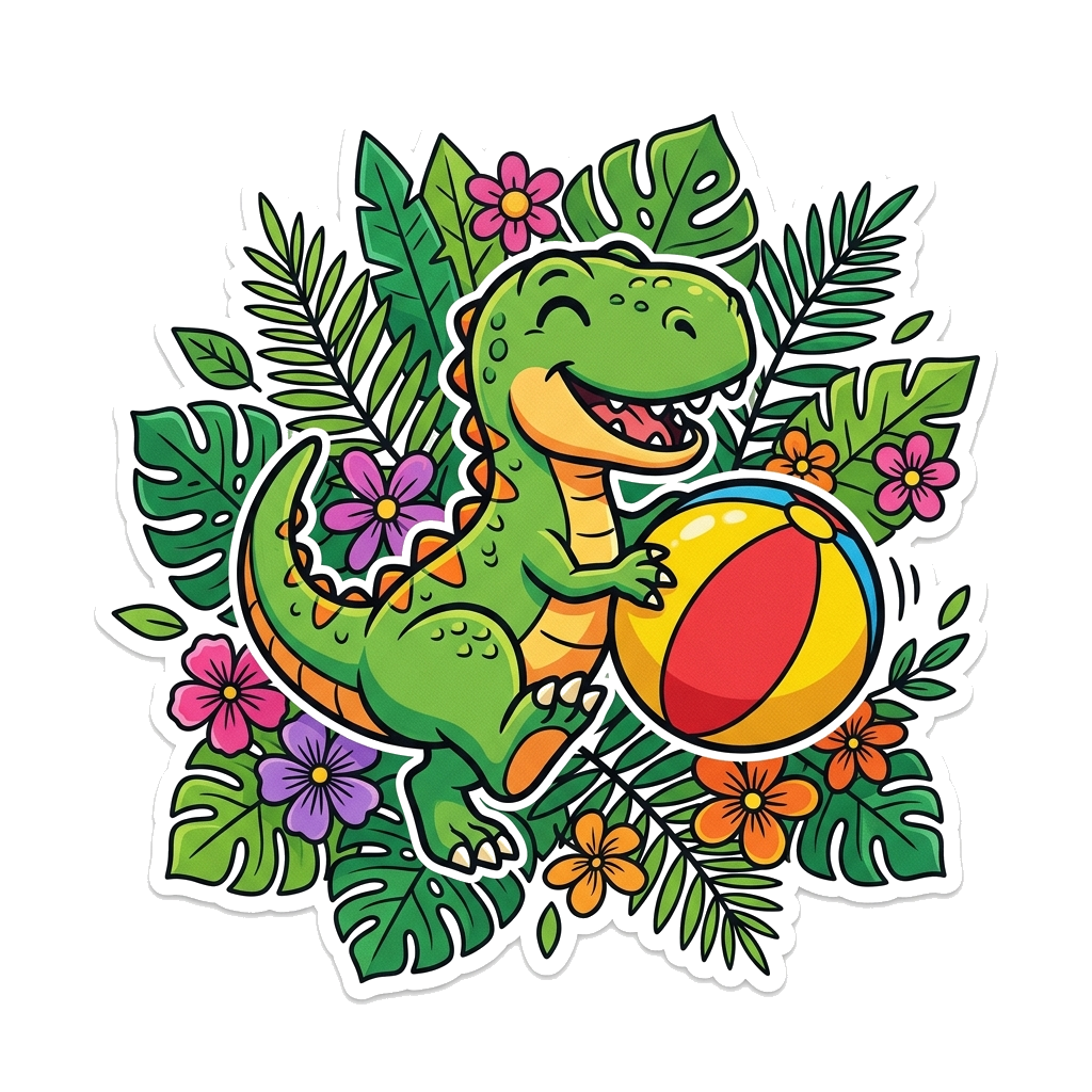 Custom design: A super cute, friendly cartoon T-Rex character, smiling and playing with a big, colorful ball, surrounded by vibrant ...