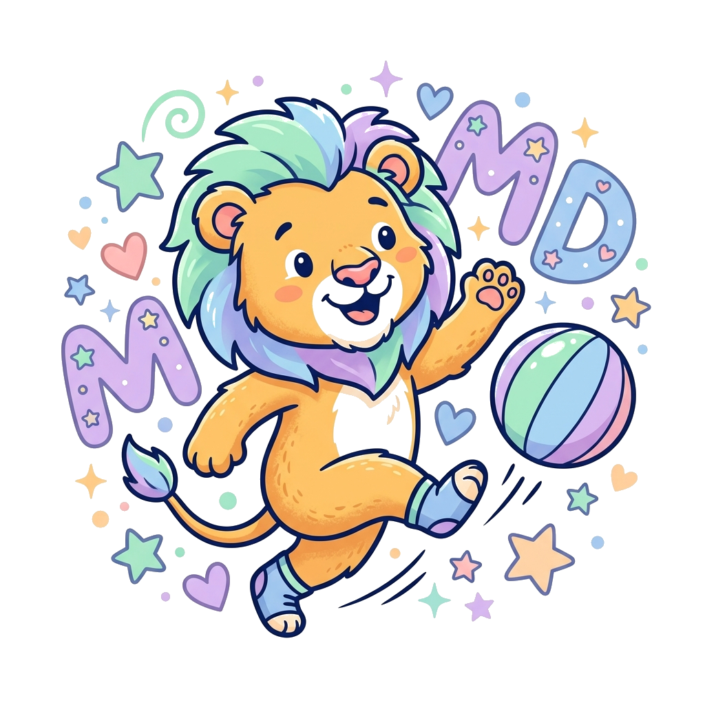 Custom design: A super cute cartoon lion cub happily kicking a pastel-colored football, surrounded by gentle stars and tiny hearts, ...