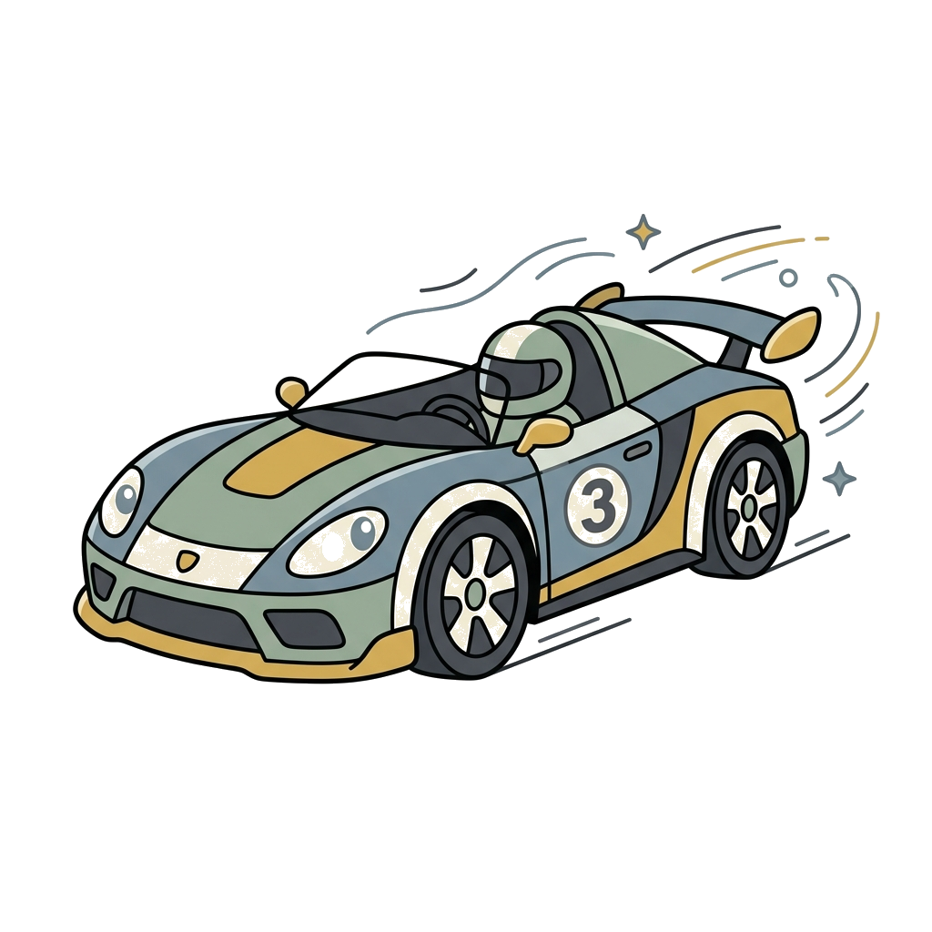 Custom design: A minimalist illustration of a sleek, modern race car in a dynamic pose, with abstract lines and shapes in a muted co...
