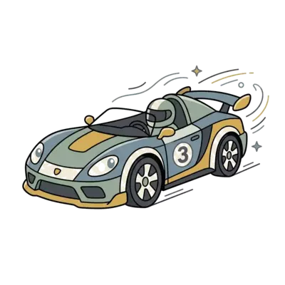 A minimalist illustration of a sleek, modern race car in a dynamic pose, with abstract lines and shapes in a muted color palette, artistic and clean style, for a 3-year-old's birthday.