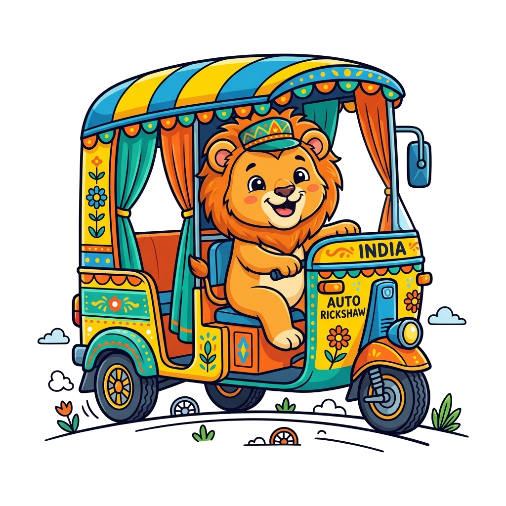 Custom design: A cute, friendly cartoon lion cub driving a brightly colored, stylized Indian auto-rickshaw, with a big smile, set ag...