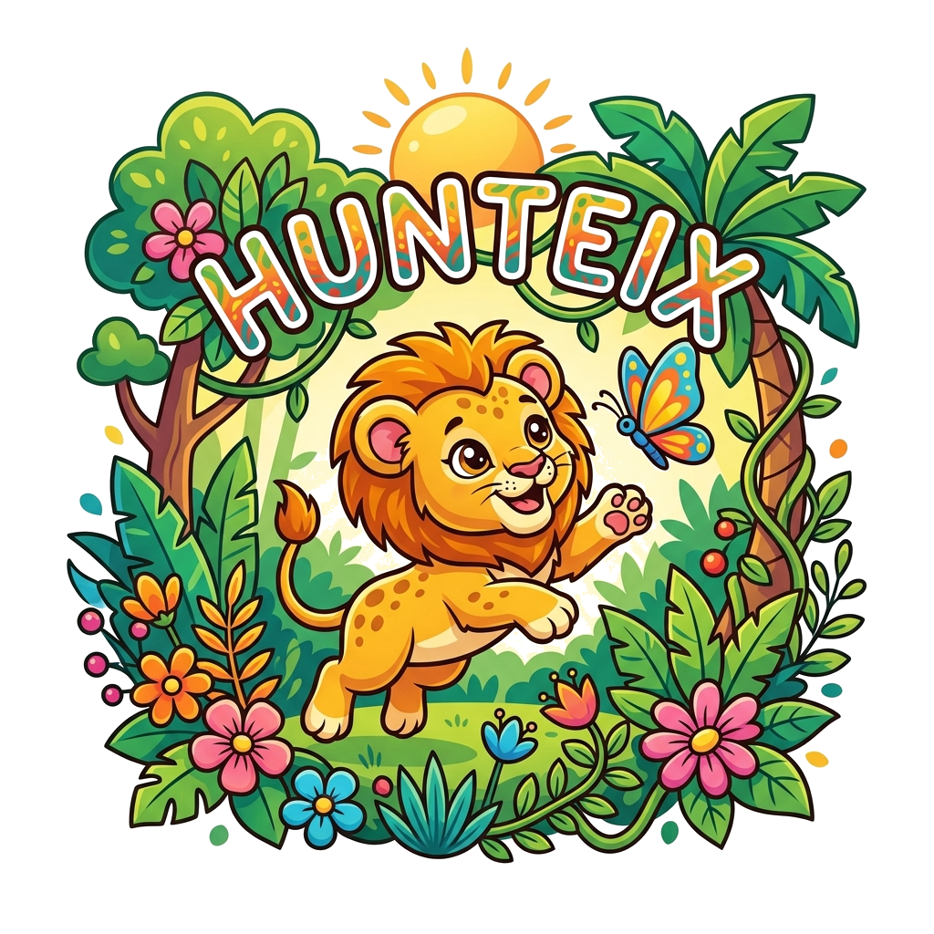 Custom design: A cute cartoon baby lion cub playing with a colorful butterfly in a sunny, stylized jungle scene, vibrant and cheerfu...